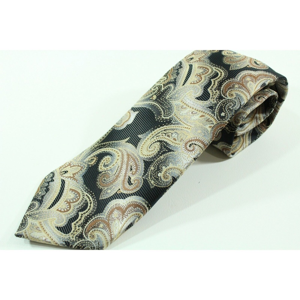 Bergamo New York Tie Men's 100% Silk Paisley Black Gold Necktie